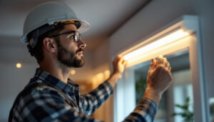A photograph of a lighting contractor expertly installing led trim in a modern home setting