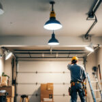 A photograph of a well-lit garage showcasing various types of bright lighting fixtures in use