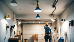 A photograph of a well-lit garage showcasing various types of bright lighting fixtures in use