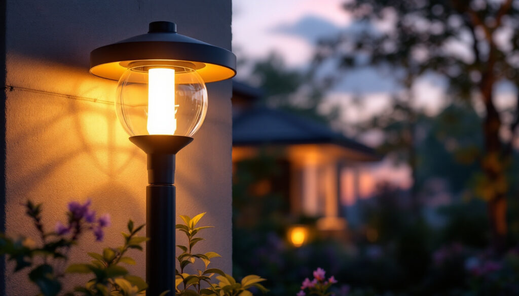 A photograph of a beautifully designed outdoor lighting fixture in a residential setting