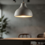 A photograph of a stylish concrete pendant lamp hanging in a modern interior setting