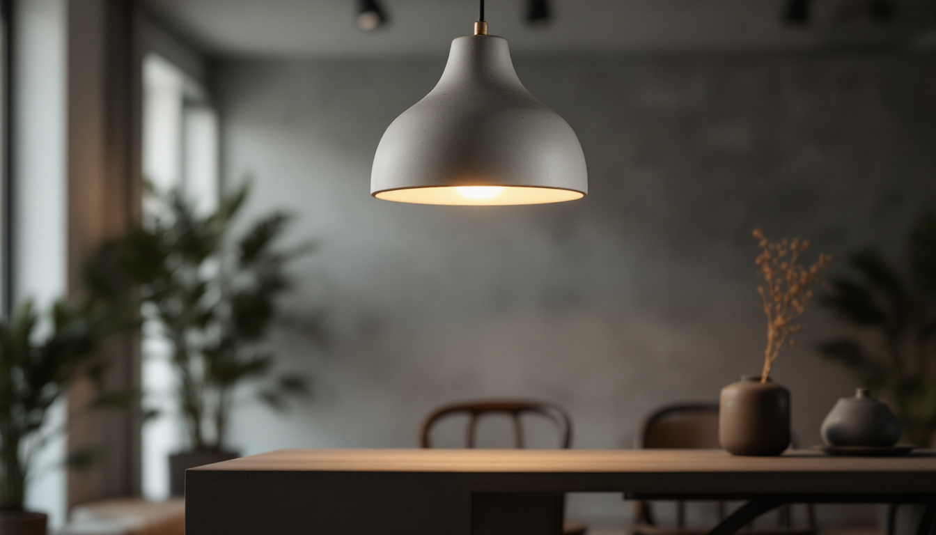 A photograph of a stylish concrete pendant lamp hanging in a modern interior setting