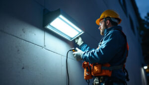 A photograph of a lighting contractor installing a wall pack light on a commercial building exterior at dusk
