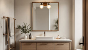 A photograph of a stylish vanity bathroom light fixture in a beautifully designed bathroom setting