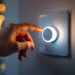 A photograph of a close-up shot of a modern led light dimmer switch in action