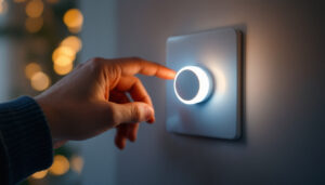 A photograph of a close-up shot of a modern led light dimmer switch in action