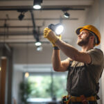 A photograph of a lighting contractor in action