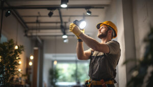 A photograph of a lighting contractor in action