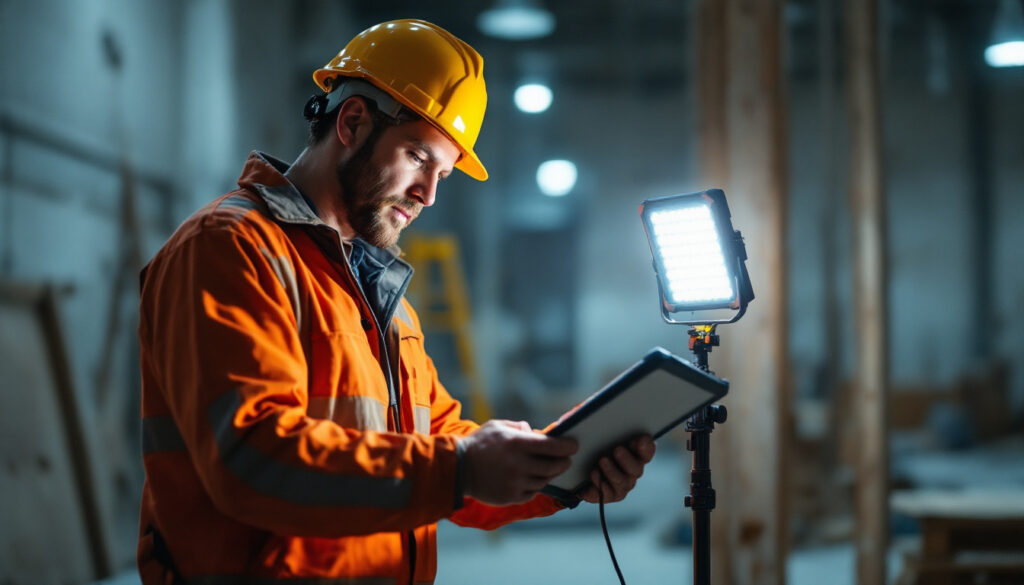 A photograph of a lighting contractor in action