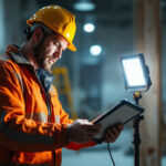 A photograph of a lighting contractor in action