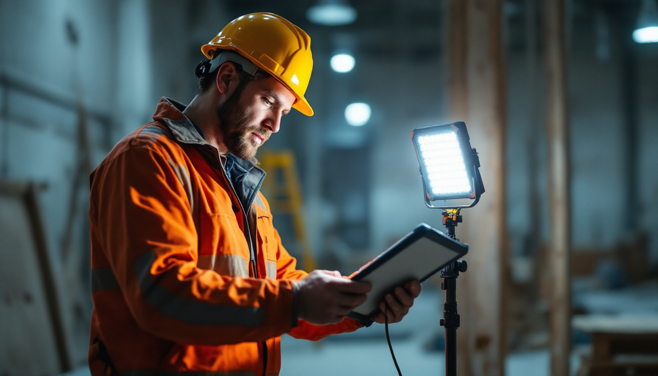 A photograph of a lighting contractor in action