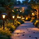 A photograph of a beautifully illuminated garden pathway at dusk