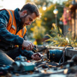 A photograph of a skilled lighting contractor expertly using an outdoor cable splicer in a vibrant outdoor setting