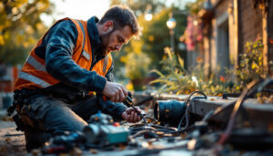 A photograph of a skilled lighting contractor expertly using an outdoor cable splicer in a vibrant outdoor setting