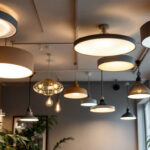A photograph of a well-designed interior space showcasing a variety of ceiling light fixtures