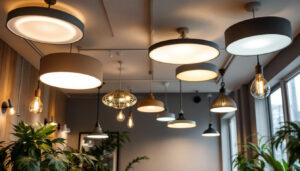 A photograph of a well-designed interior space showcasing a variety of ceiling light fixtures