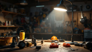 A photograph of a well-lit workspace featuring a 4-foot led shop light in action