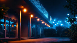 A photograph of a vibrant 100-foot led light installation illuminating a dark outdoor space