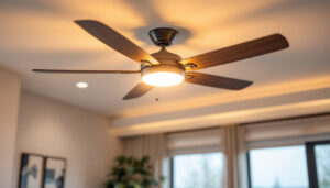 A photograph of a well-lit ceiling fan featuring stylish integrated lighting in a modern living space