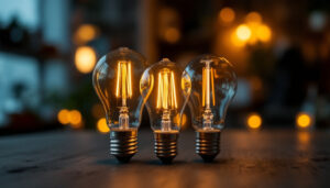 A photograph of a t12 bulb alongside its modern led counterparts