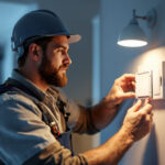 A photograph of a lighting contractor installing an electric box cover in a well-lit residential setting