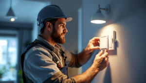 A photograph of a lighting contractor installing an electric box cover in a well-lit residential setting