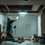 A photograph of a lighting contractor installing recessed can lights in a garage
