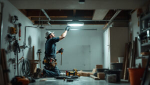 A photograph of a lighting contractor installing recessed can lights in a garage