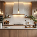 A photograph of a beautifully designed kitchen island featuring stylish light fixtures that highlight the space's functionality and aesthetics