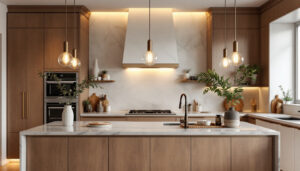 A photograph of a beautifully designed kitchen island featuring stylish light fixtures that highlight the space's functionality and aesthetics