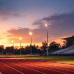 A photograph of a beautifully illuminated outdoor track setting at dusk