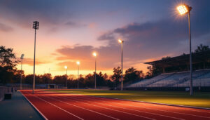 A photograph of a beautifully illuminated outdoor track setting at dusk