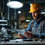 A photograph of a lighting contractor examining various types of ballast lights in a well-lit workshop