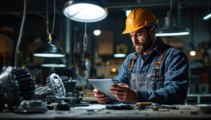 A photograph of a lighting contractor examining various types of ballast lights in a well-lit workshop