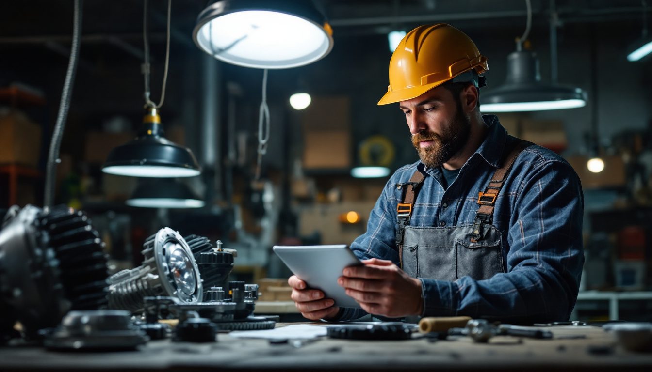 A photograph of a lighting contractor examining various types of ballast lights in a well-lit workshop
