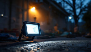A photograph of a well-lit outdoor space showcasing a high-quality flood light in action