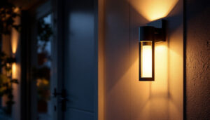 A photograph of a modern front door with an aesthetically pleasing lamp illuminated at dusk