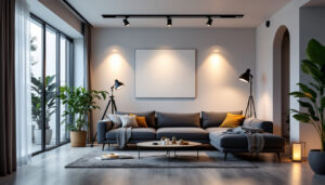 A photograph of a well-lit room showcasing a variety of stylish pot lights installed in a modern setting