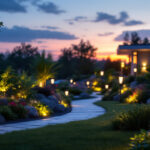 A photograph of capture a photograph of a beautifully illuminated outdoor space at dusk