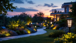 A photograph of capture a photograph of a beautifully illuminated outdoor space at dusk