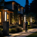 A photograph of a modern outdoor space illuminated by sleek contemporary post lights
