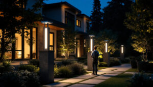 A photograph of a modern outdoor space illuminated by sleek contemporary post lights
