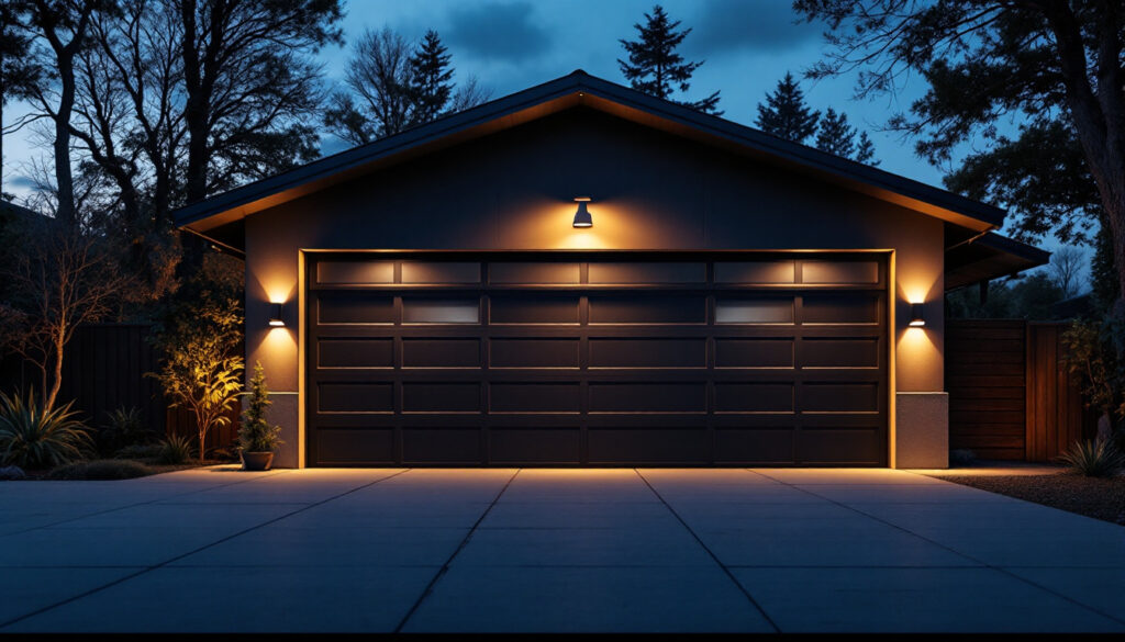 A photograph of a well-lit garage exterior in the evening