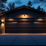 A photograph of a well-lit garage exterior in the evening