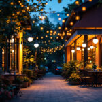 A photograph of a vibrant outdoor scene featuring a well-lit commercial space adorned with large outdoor lights