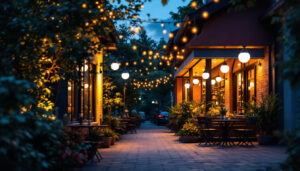 A photograph of a vibrant outdoor scene featuring a well-lit commercial space adorned with large outdoor lights