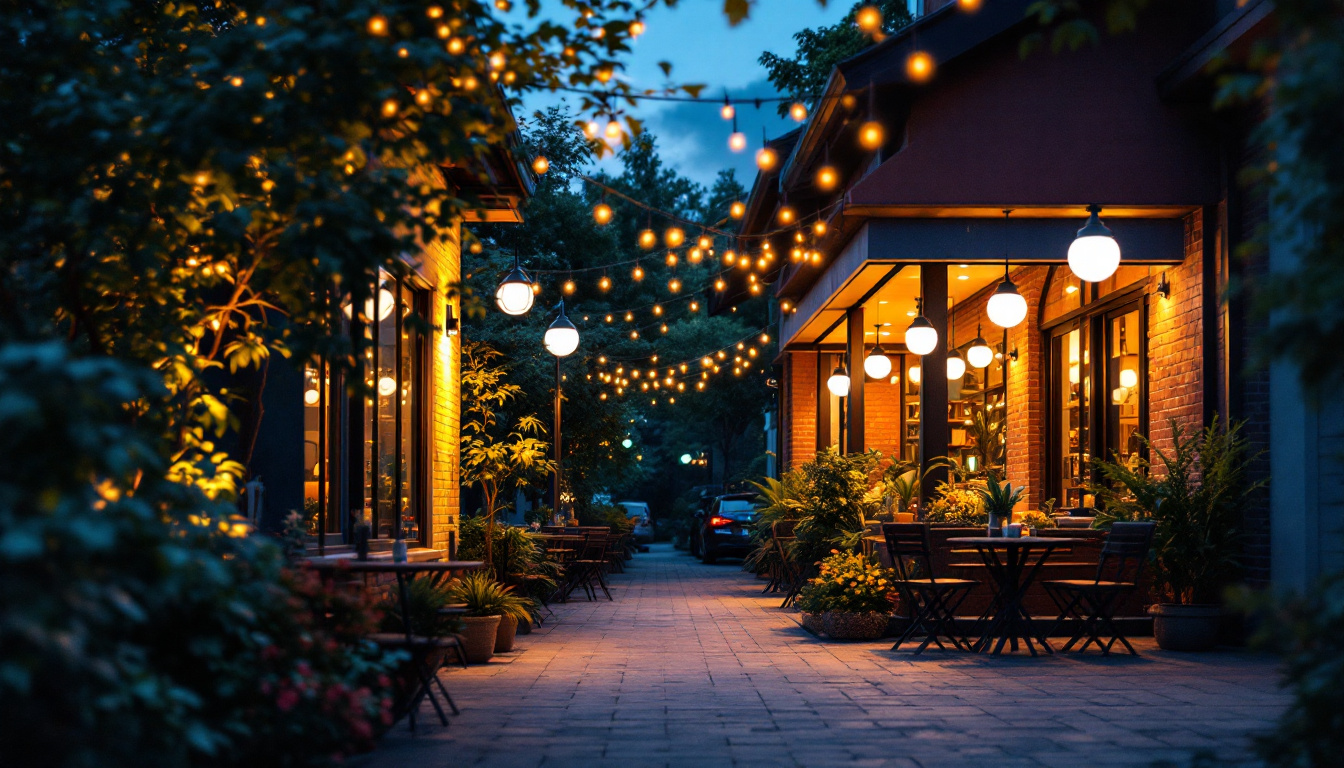 A photograph of a vibrant outdoor scene featuring a well-lit commercial space adorned with large outdoor lights
