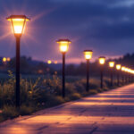 A photograph of a beautifully illuminated walkway lined with bright solar lights
