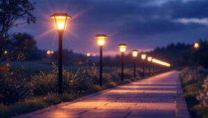 A photograph of a beautifully illuminated walkway lined with bright solar lights