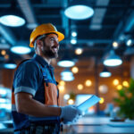 A photograph of a lighting contractor actively engaged in a successful project